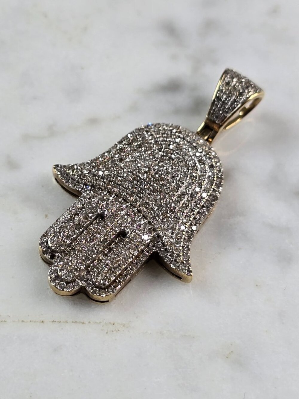 Vintage Estate 10K Gold Jewish Judaica Hamsa Pave Diamond Pendant, 5.9g E1951